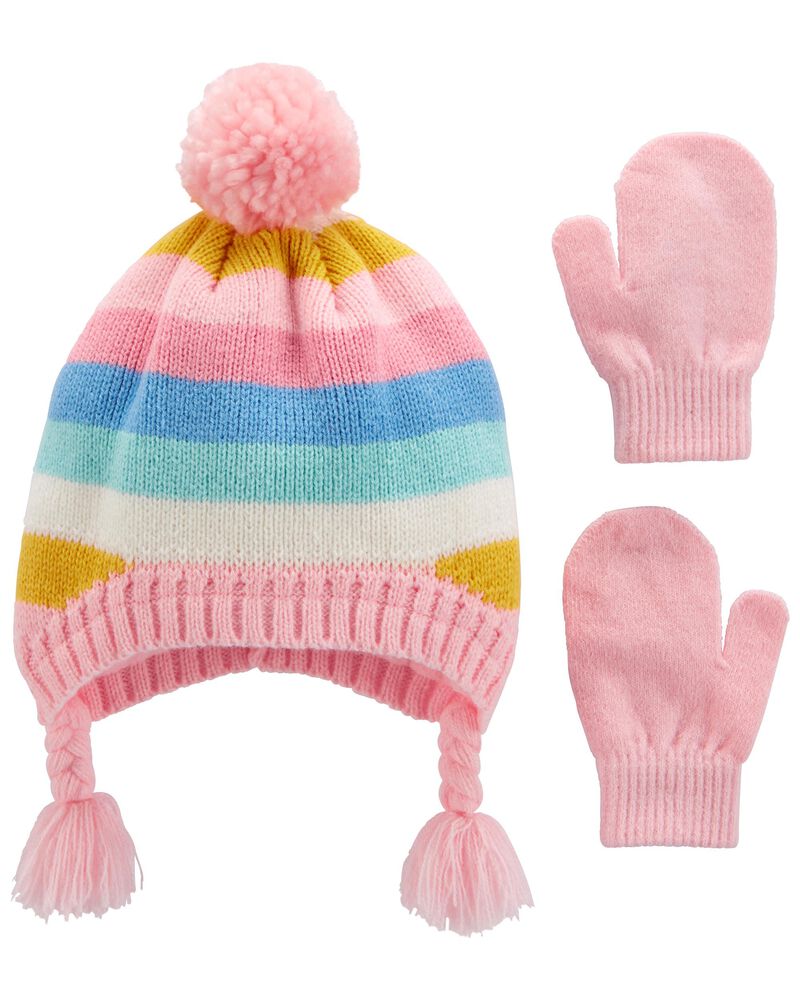 0-9 Months Stripes Carters Baby Girls Pom Pom Hat & Mitten Set 0-9 Months Stripes Carters Baby Girls Pom Pom Hat & Mitten Set